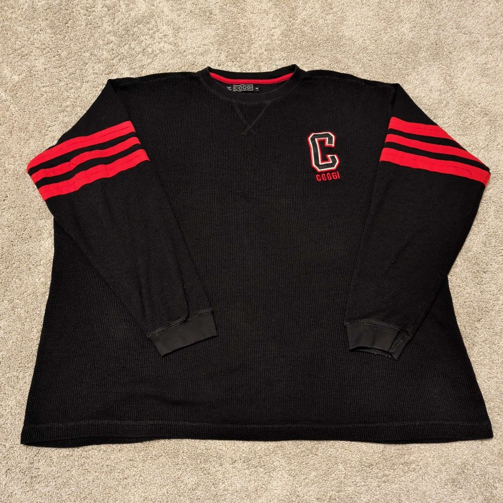 Coogi Thermal Waffle Knit Shirt Mens 4X Black Red Varsity Logo Long Sleeve
